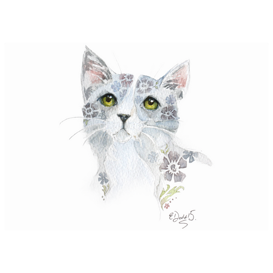 Classic Women’s Crewneck T-shirt – Watercolor Grey Floral Cat