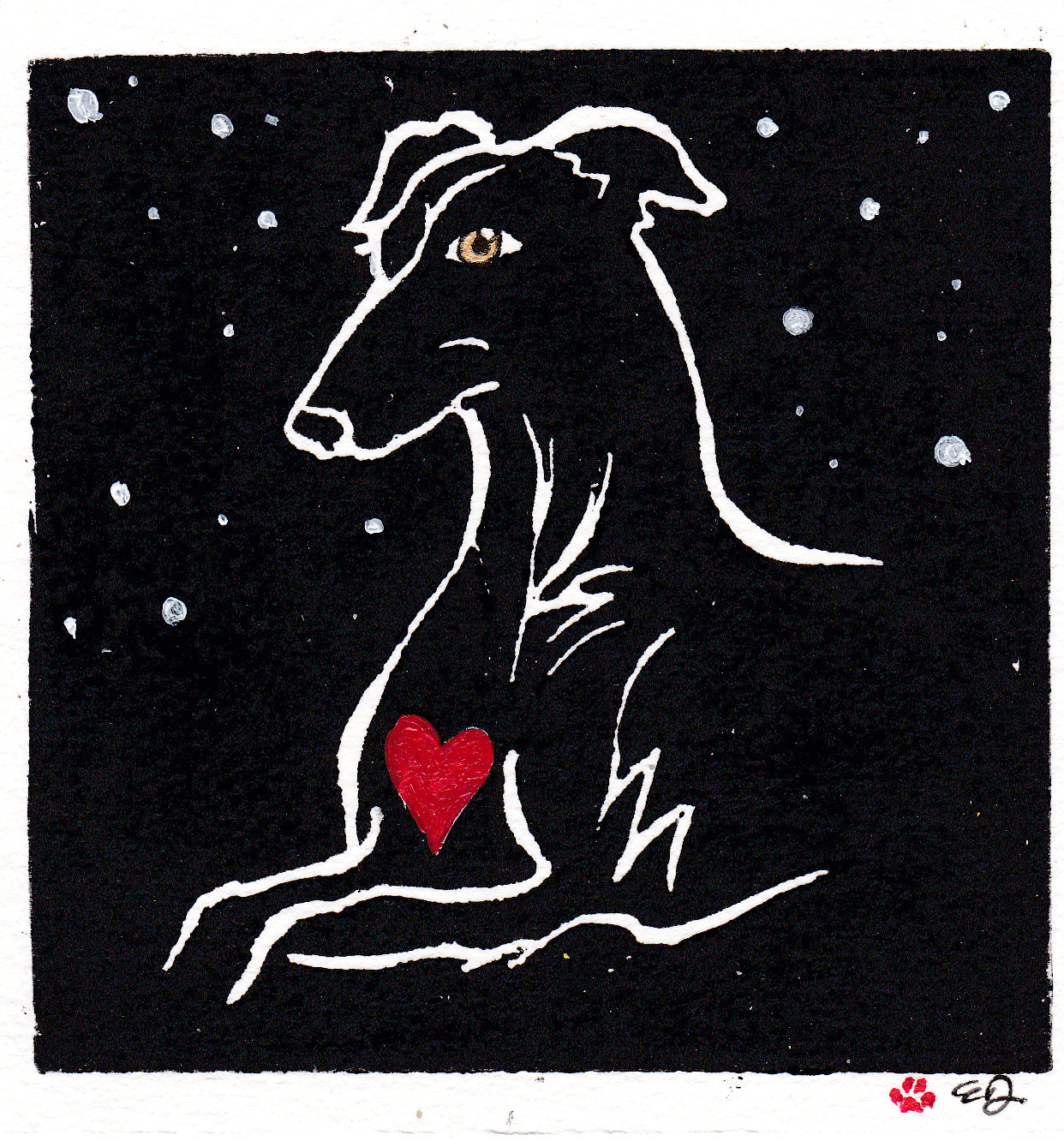 Hand Embellished Lino Print Greyhound