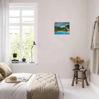 Small canvas print displayed above a bed in a light room.