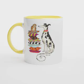White mug with yellow handle and yellow interior, featuring cat and spotted dog illustration
