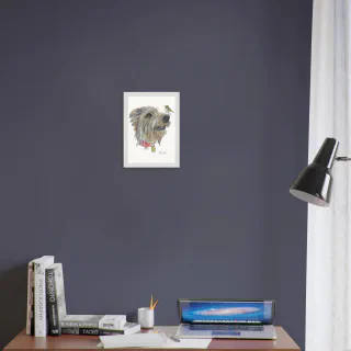 Framed print with a silvereye on a dog's nose