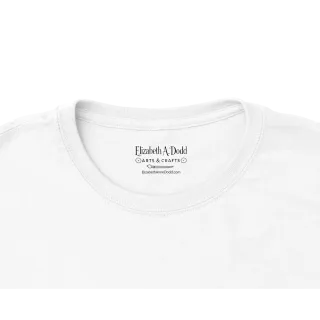 Close-up of the collar label on a white women's crewneck T-shirt