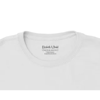Close-up of the inside neck label on a white crewneck t-shirt