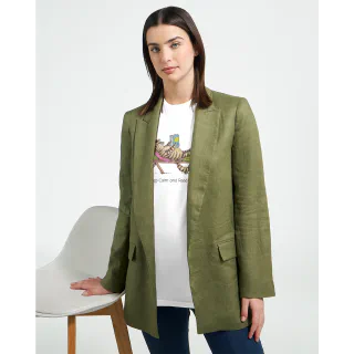 Model wearing white T-shirt with cat reading design under a green jacket